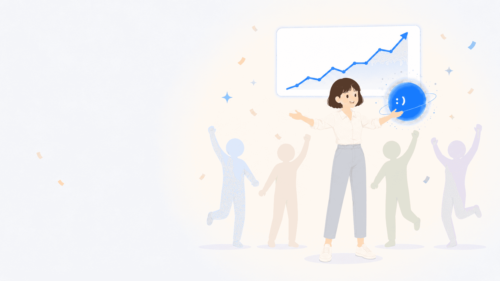 主人公とチームがSNS運用の成果を喜ぶシーン